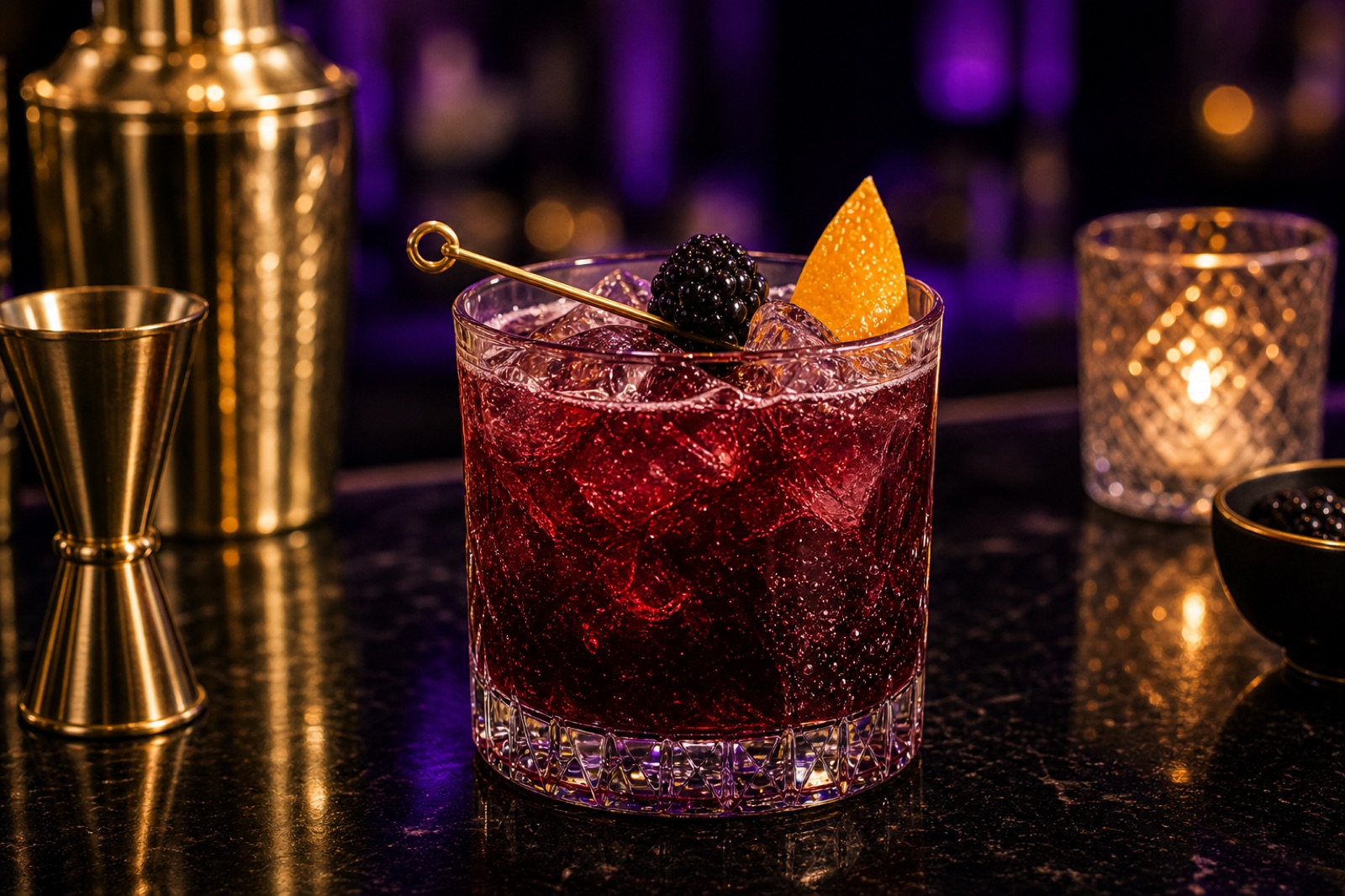 Deep berry signature cocktail with citrus garnish