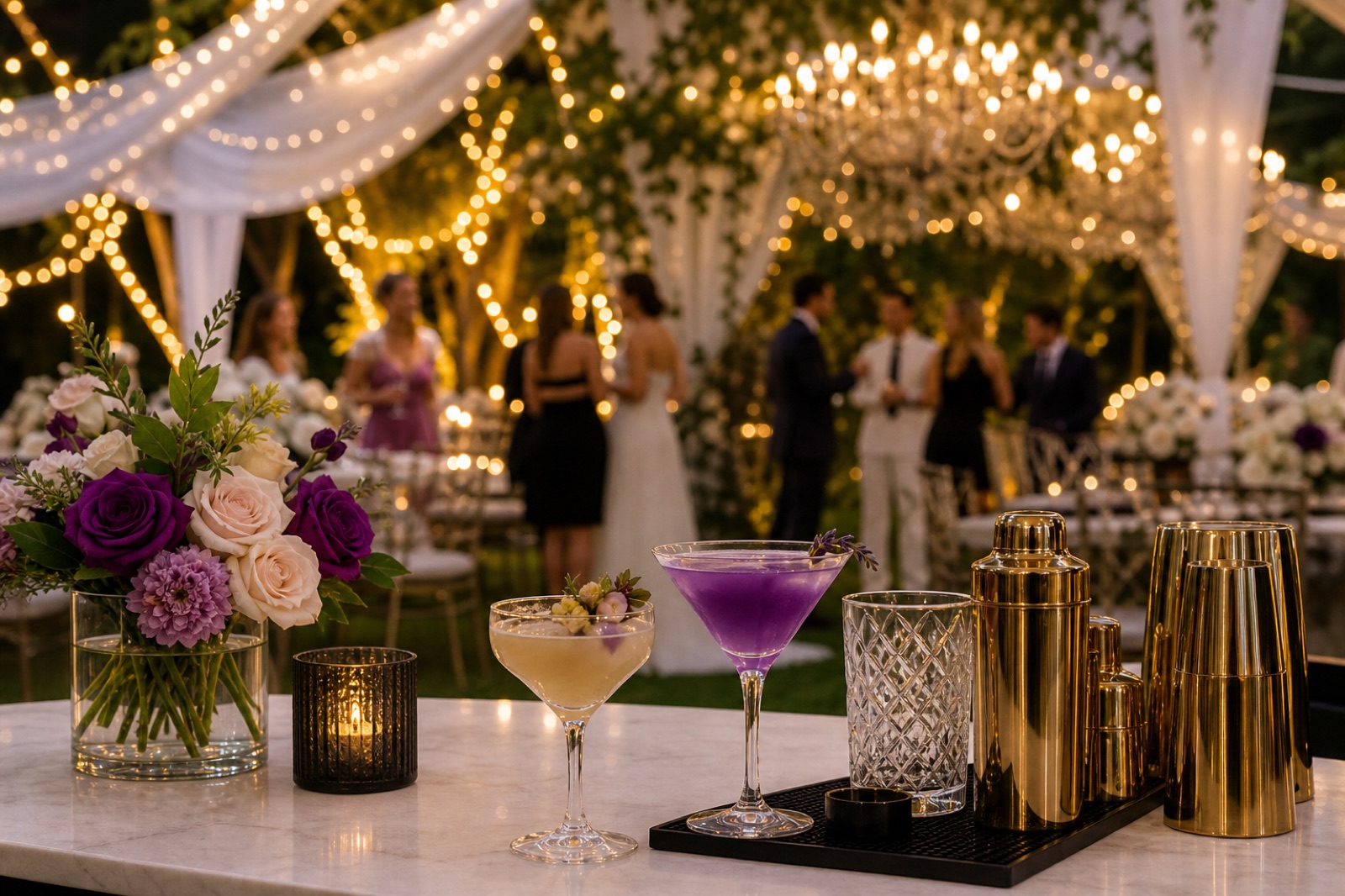 Elegant outdoor event bar with signature cocktails