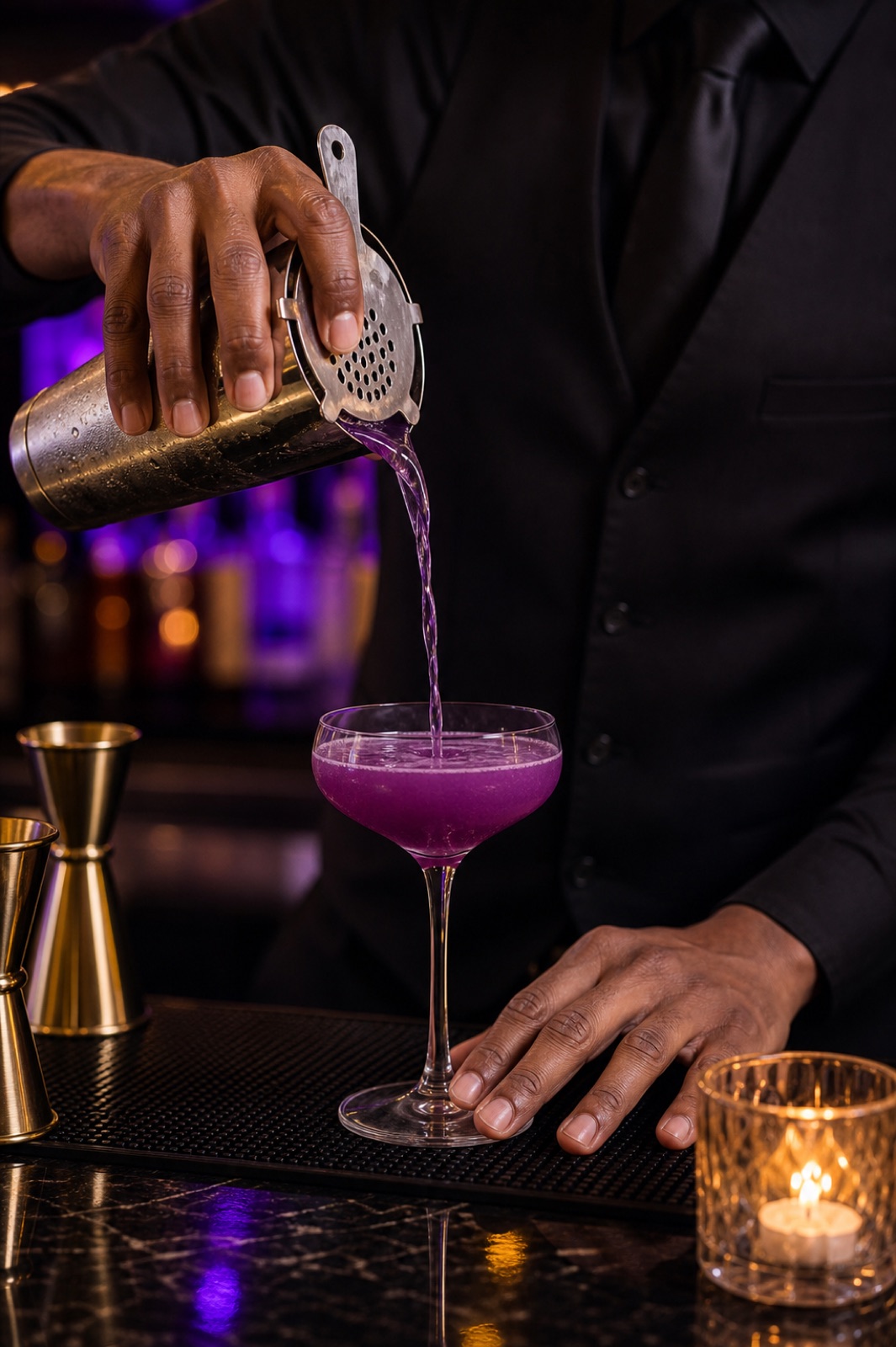 Bartender pouring a purple signature cocktail